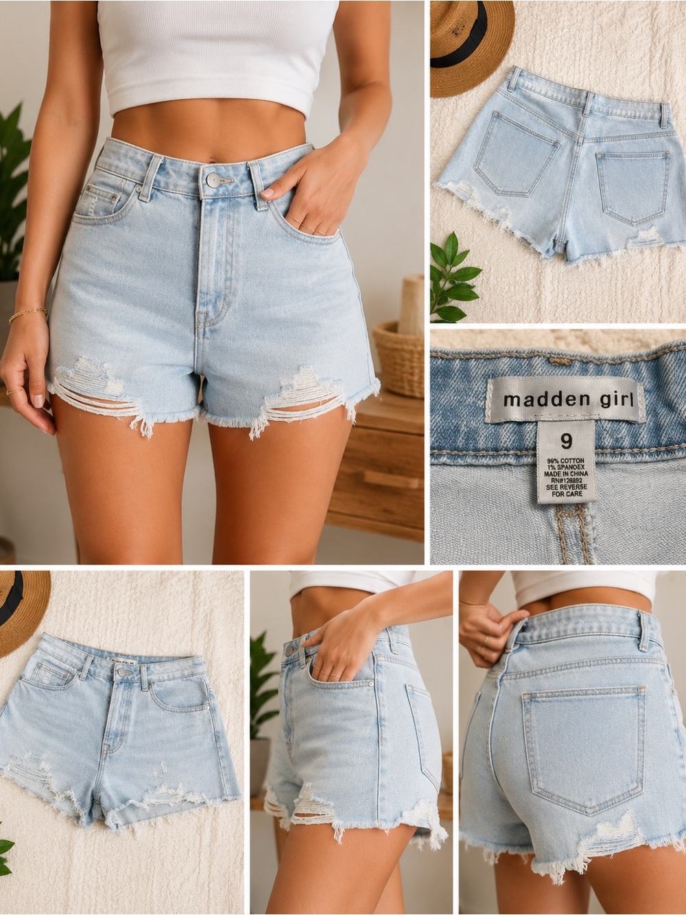 Madden Girl Light Blue Distressed High-Rise Denim Shorts